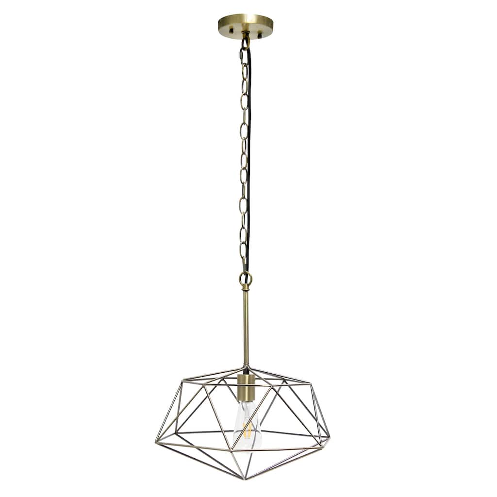 Geometric Pendant Light - 16" Antique Brass Cage - Modern Industrial Ceiling Fixture for Living Room, Office - 47