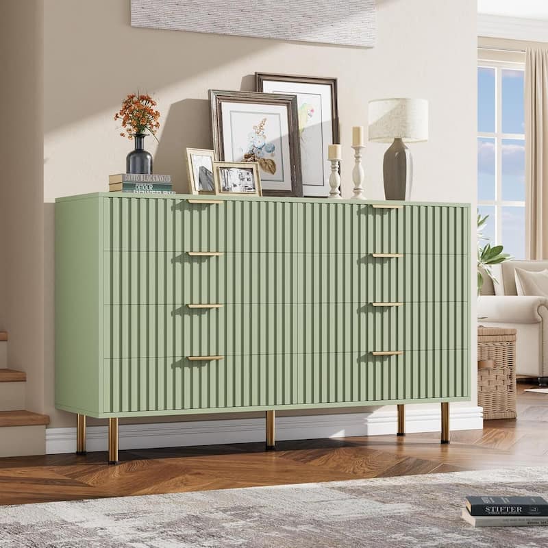 Fluted 8 Drawer Double Dresser for Bedroom, Living Room, Hallway - Green