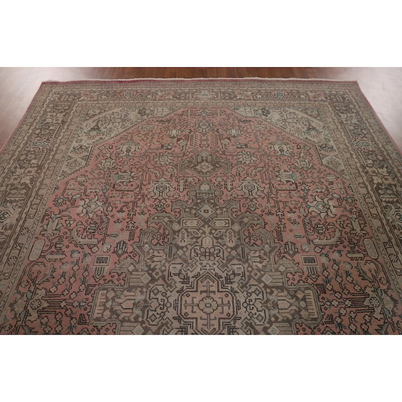 Geometric Pink Tabriz Persian Vintage Rug Hand-Knotted Wool Carpet - 7'11" x 11'2"