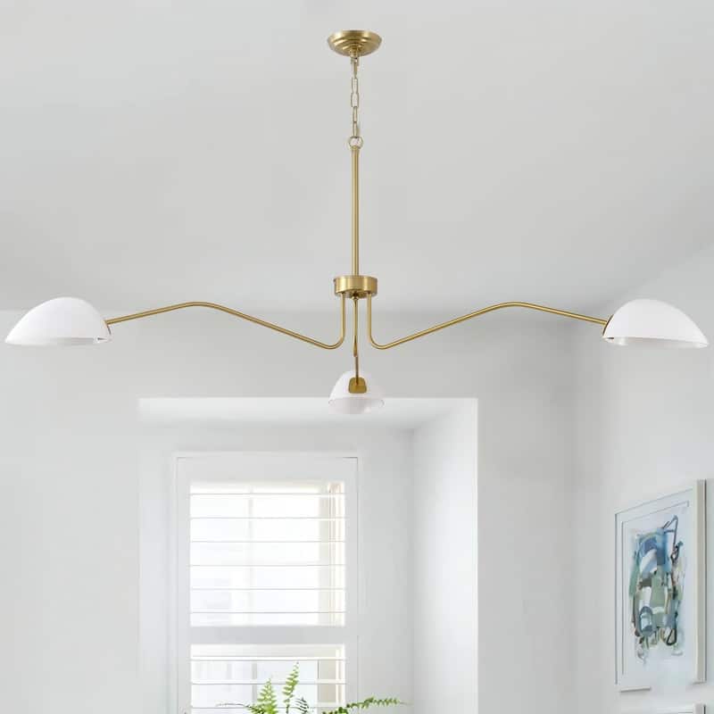 3-Arm Mid-Century Brass Chandelier Adjustable Farmhouse Pendant Light with Milky Glass Shades for Dining Rooms
