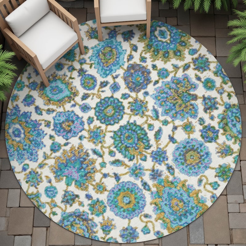 Machine Washable Indoor/Outdoor Traditional Farmhouse Chantille Rug - Aqua - 8' x 8'