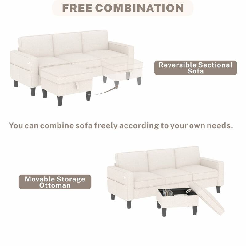 77.95" Linen Fabric Sectional Sofa with Storage Ottoman and USB Pocket