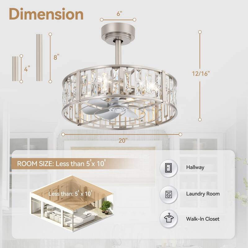20" Satin Nickel ABS 7-Blade Caged Ceiling Fan with Light and Remote