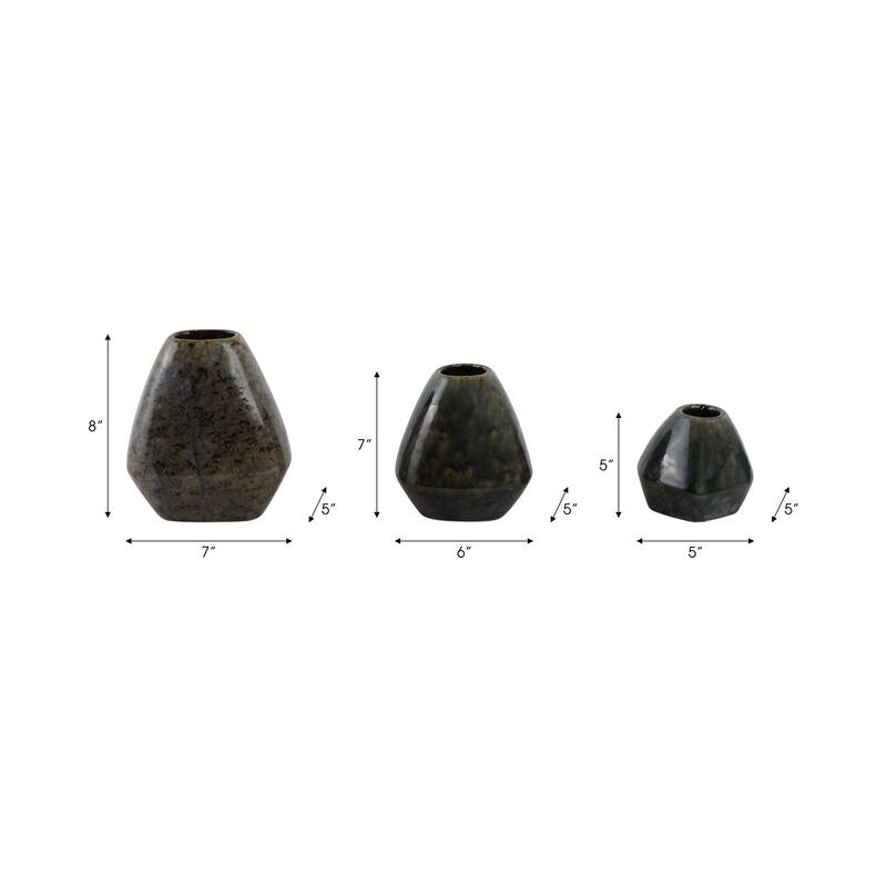 Stoneware Vases Geometric Glazed Finish (Set of 3) - 8/7/5" Brown
