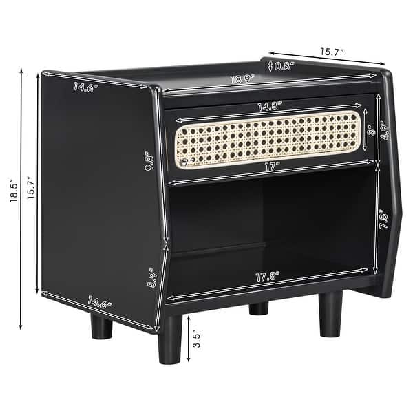 dimension image slide 1 of 2, Christopher Knight Home - Zessia Retro 19" Wood Nightstand with Woven Drawer and Open Shelf