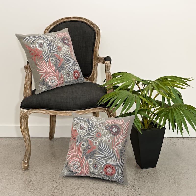 HomeRoots 20" X 20" Gray Adn Pink 100% Cotton Floral Zippered Pillow