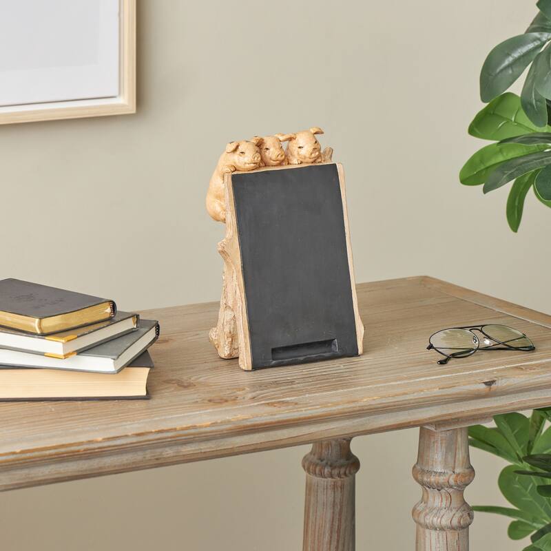 Black Polystone Chalkboard Pig Decorative Sign with Brown Tree Trunk Frame