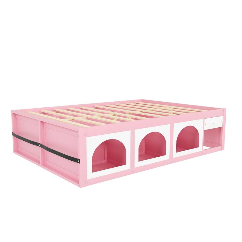 Wooden Platform Bed with Footboard Bookshelf, LED Display Cabinet and Drawer Storage by Harper&Bright Designs