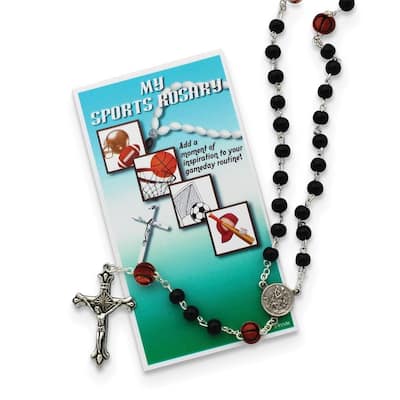 Curata Boys Black Glass and Ceramic Basketball Beads Silver-Tone Sports Rosary