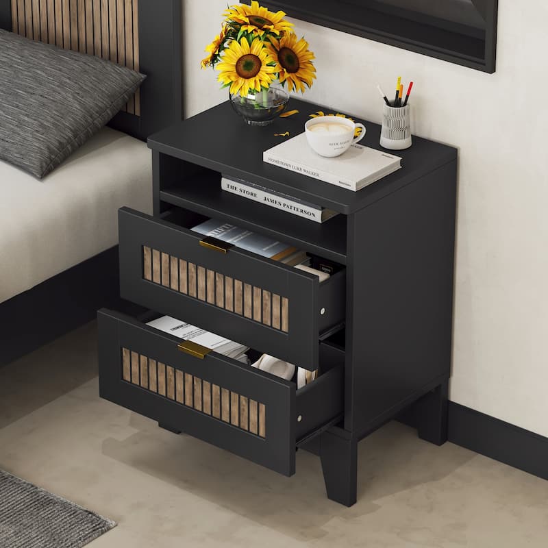 2-Drawer Farmhouse Wooden Nightstand with Wooden Strip Stickers Decoration & Metal Handle, Wood Side Table with Storage Cabinet