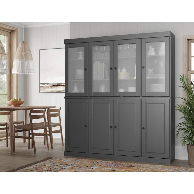 100% Solid Wood 65" Pantry China Cabinet with Solid, Frosted Glass Doors and Adjustable Shelves - Gray