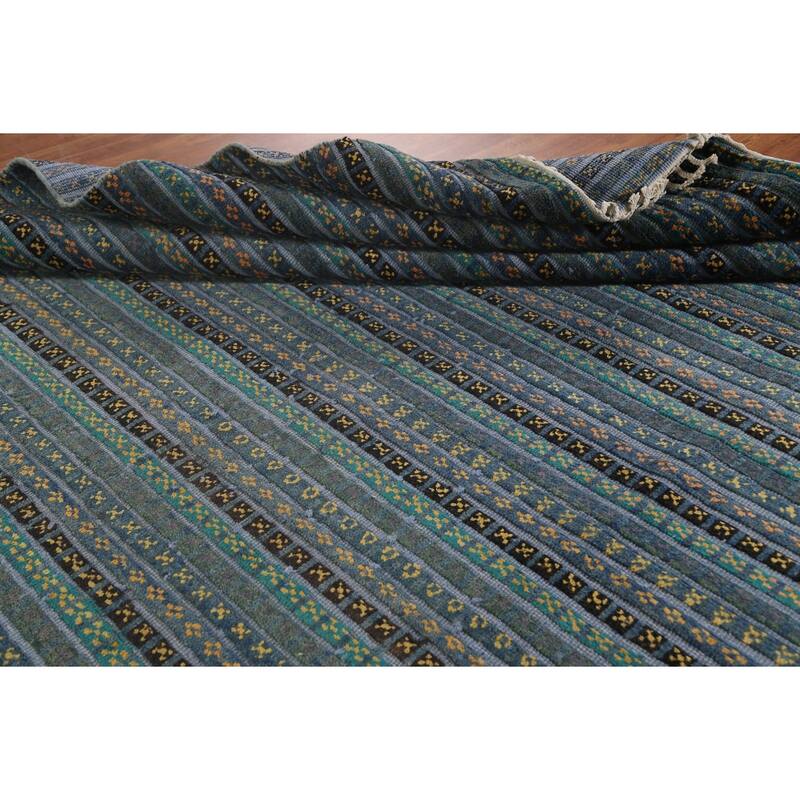 Striped Moroccan Oriental Area Rug Hand-Knotted Wool Carpet - 9'0" x 12'2"