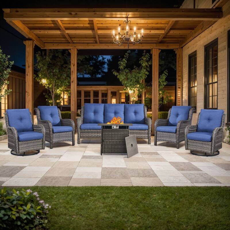 Fire Pit Table with Sofa 2 Swivel Chairs, 2 Patio Chairs - Grey - Blue