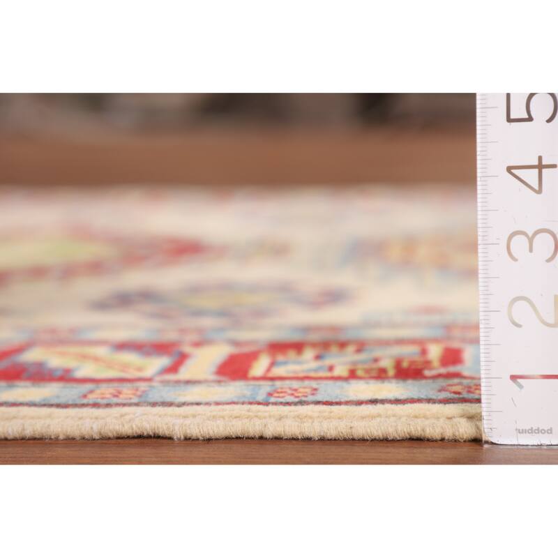 Geometric Kazak Oriental Area Rug Handmade Beige Wool Carpet - 3'11" x 6'0"