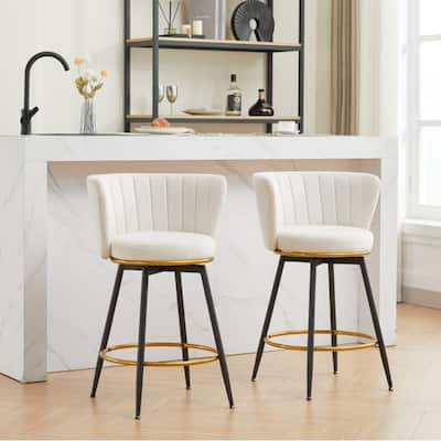 Counter Height Bar Stools Set of 2 Swivel Upholstered Back Metal Legs 26in Velvet Gold Footrest