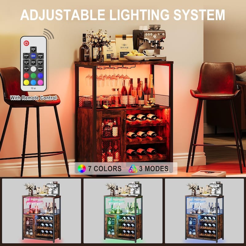 3-Tier Wine Bar Cabinet with LED Lights, Detachable Wine Rack and Storage Space, Small Liquor Bar Cabinet