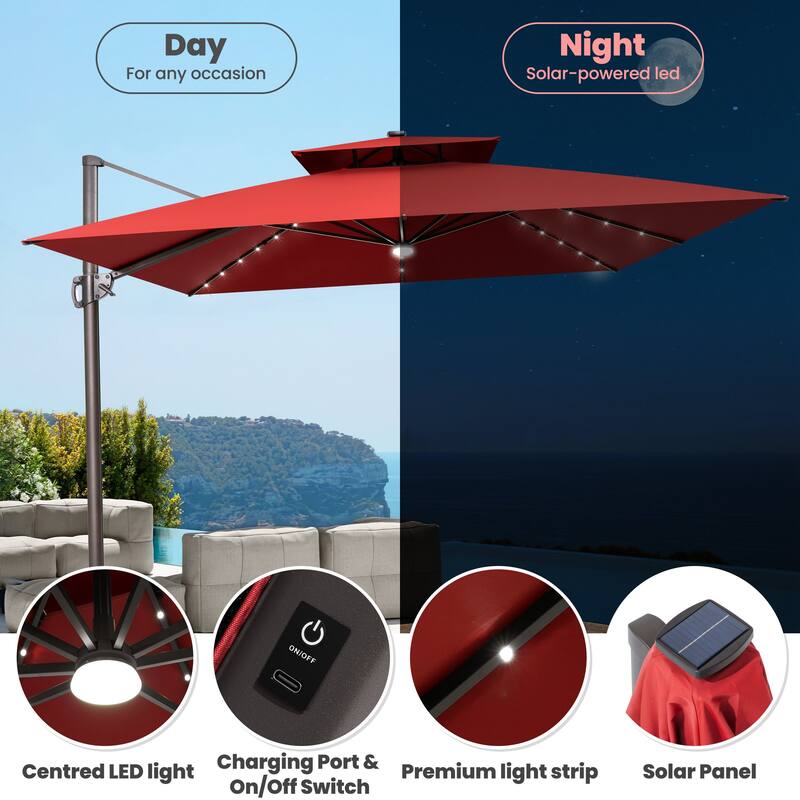 11 FT Solar-Powered LED Patio Cantilever Umbrella with Double Canopy and Base