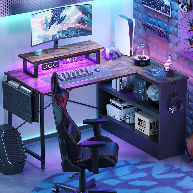 42" Gaming Desk Reversible L Shaped Desk with LED Monitor Stand Storage Shelves and Bag