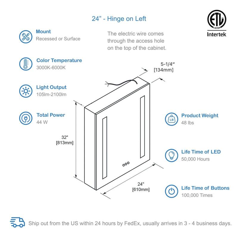 LED-lit Medicine Cabinet with Mirrors, Defogger, and USB Outlets