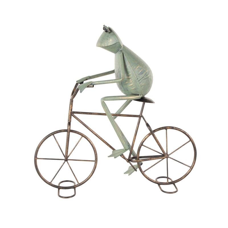 Copper or Green Metal On Bicycle Frog Decorative Garden Sculpture with Gold Accents