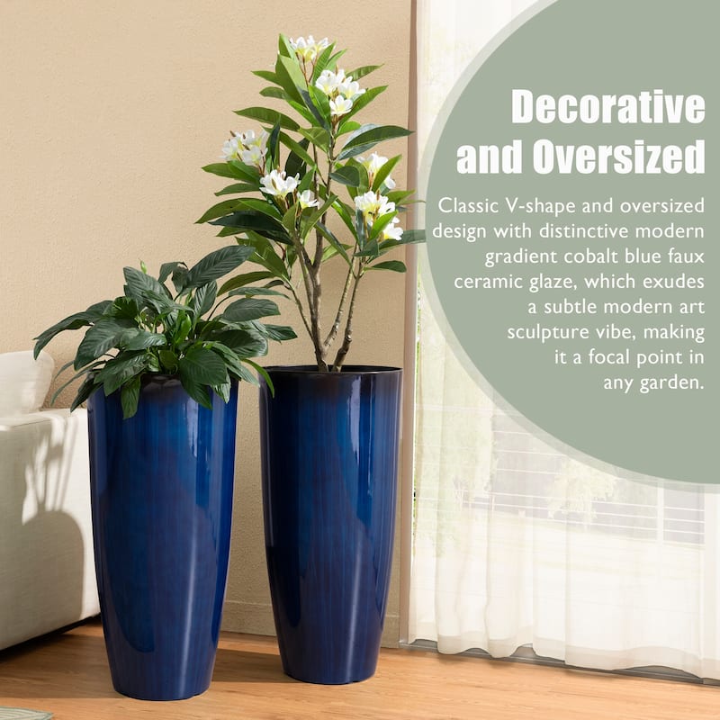 Glitzhome 30"H Set of 2 Tall Plastic Planter Large Flower Pots with Gradient Cobalt Blue / Turquoise Faux Ceramic Finish