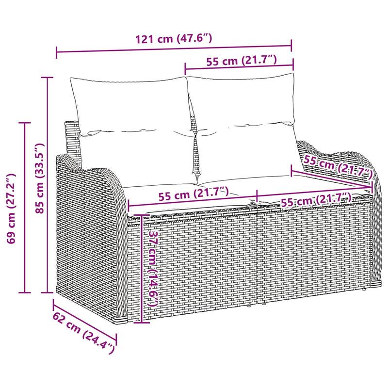 vidaXL 7 Piece Garden Sofa Set with Cushions Gray Poly Rattan - 48 x 114 x 33 in