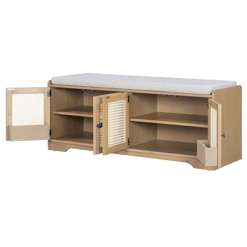 Rustic Storage Bench with Removable Cushion, Rattan Doors & Adjustable Shelf