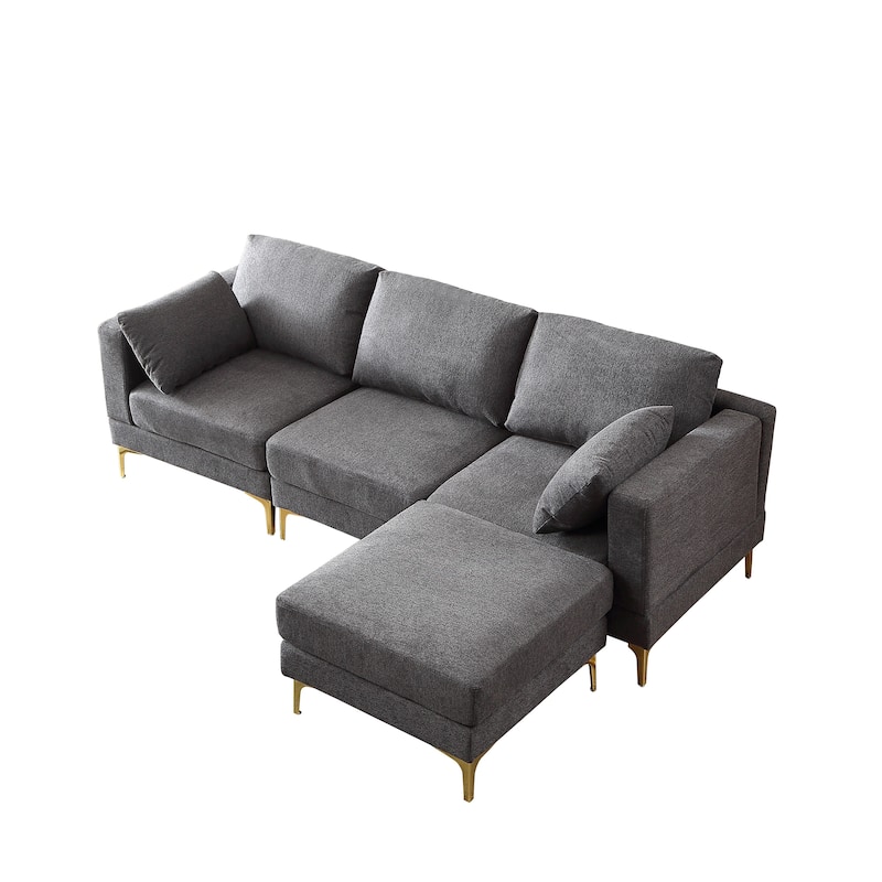 92'' Fabric L-Shape 3-Seater Sofa with Ottoman, Gold Metal Legs, and Toss Pillows