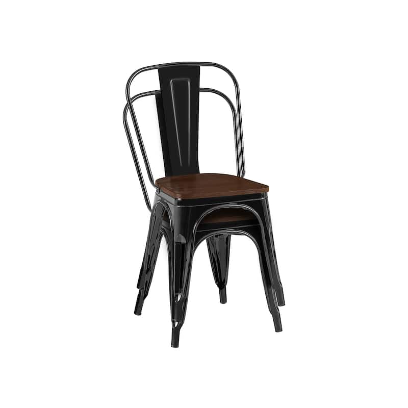 18" Modern Industrial Metal Stackable Black and Brown Dining Chair, 2PCS - 18" W X 18" D X 33" H