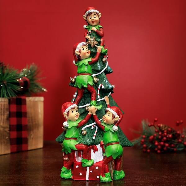 Shop Alpine Corporation Christmas Tree Stacked Elves Statue Led Light On Sale Overstock 26969997