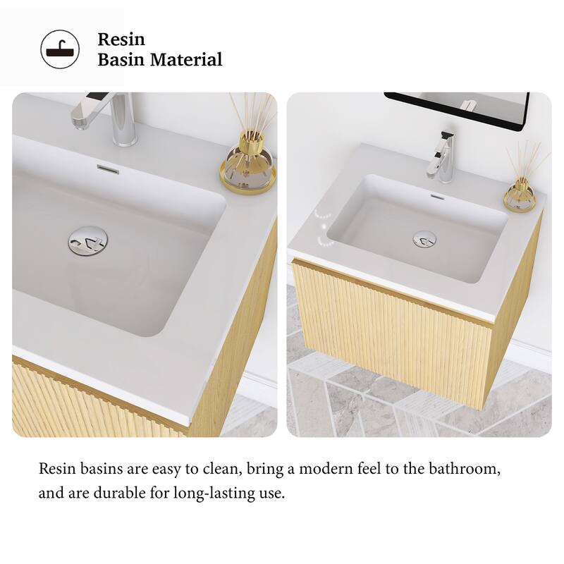Floating Bathroom Vanity in Yellow Oak with Integrated Resin Top