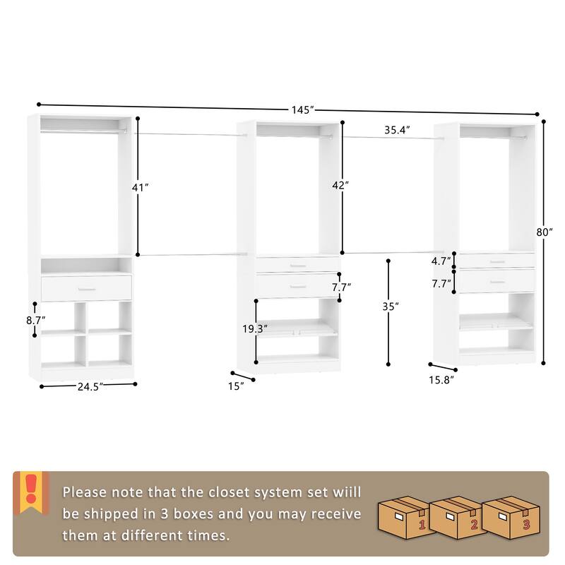 Rhezo 69"-145" W Closet System With 5 Wooden Drawers and 6 Hanging Rods,Walk-in Closet Organizer with Shoe Rack and Storage Cube