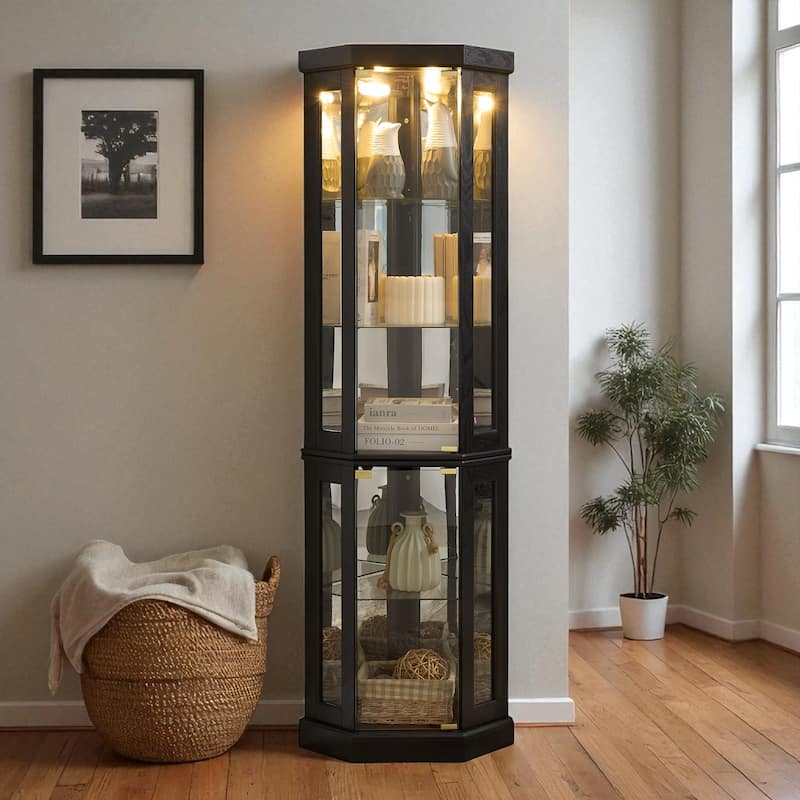 Lighted Corner Curio Cabinet with Glass Doors, Adjustable Shelves & Mirrored Back, Elegant Display Case for Collectibles