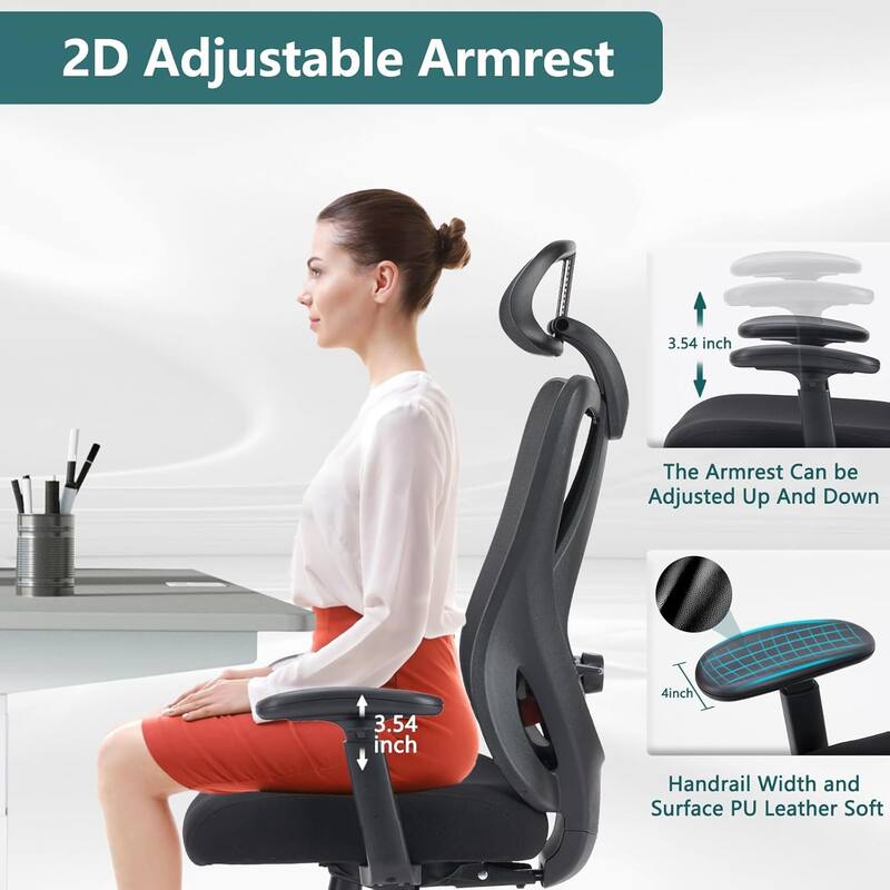 Home Office Desk Chair, Ergonomic High Back Big Tall Computer Chairs, 2D Armrest Adjustable Lumbar Support & Headrest