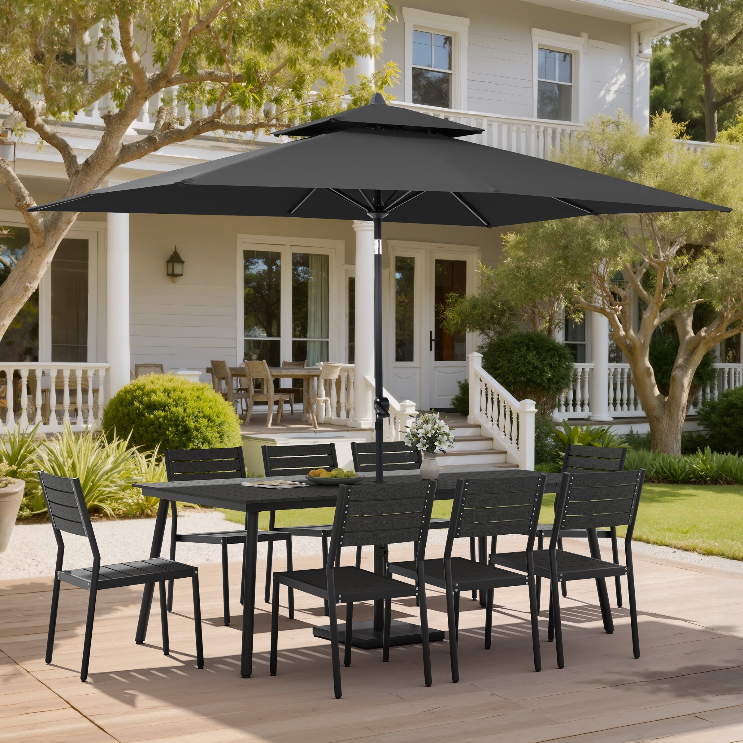 11 PC Outdoor Patio Dining Set Wood-Like Aluminum Umbrella Hole Table with Stackable Chairs,Double Top Market Umbrella and Base