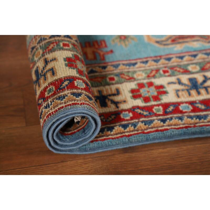 Light Blue Kazak Foyer Rug Geometric Hand-Knotted Wool Carpet - 2'8"x 4'2"