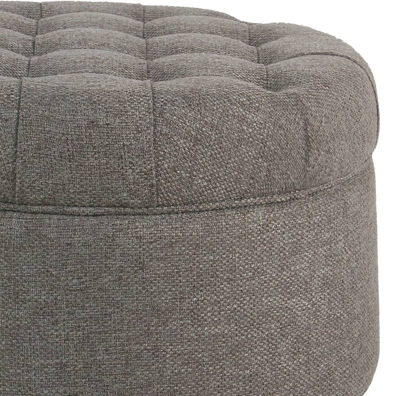 Dark Gray Fabric Wooden Ottoman with Tufted Lift-Off Lid Storage & Wood Base