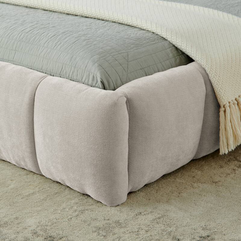 King size Upholstered Bed Frame with Thick Fabric, Chenille Fabric Grounded Platform Bed with Headboard and Solid Frame