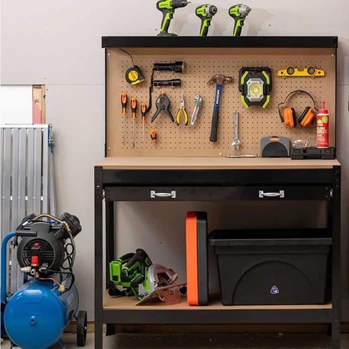 Steel Tool Storage Workbench, Hardwood Tools Table Workstation with Drawer, Peg Board for Workshop, Home - Black-45.3"