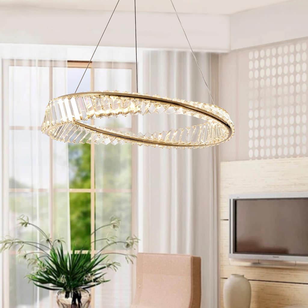 Modern LED Ring Crystal Chandelier Adjustable Hanging Pendant Lighting - 23.6"W