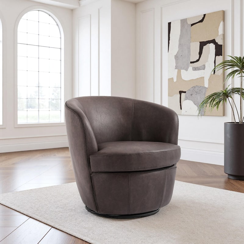 Faux Leather Swivel Barrel Accent Chair for Living Room - Chocolate