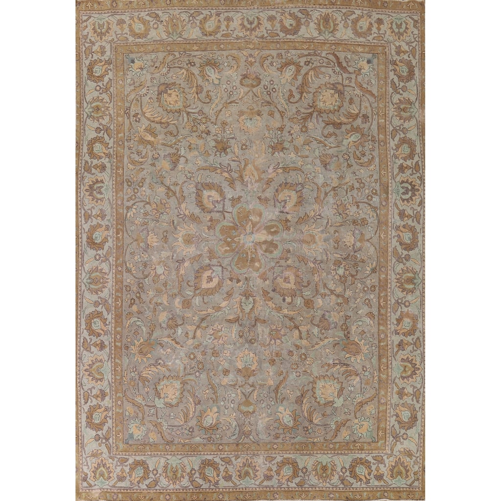 Distressed Tabriz Antique Persian Rug Hand-Knotted Wool Carpet - 9'6" x 13'2"