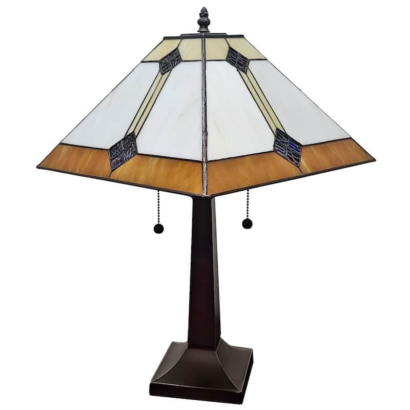 Dark Brown Metal Table Lamp with Cone-Stained Glass Shade and Pull Chain - 10” x 18” x 21” (D x W x H)