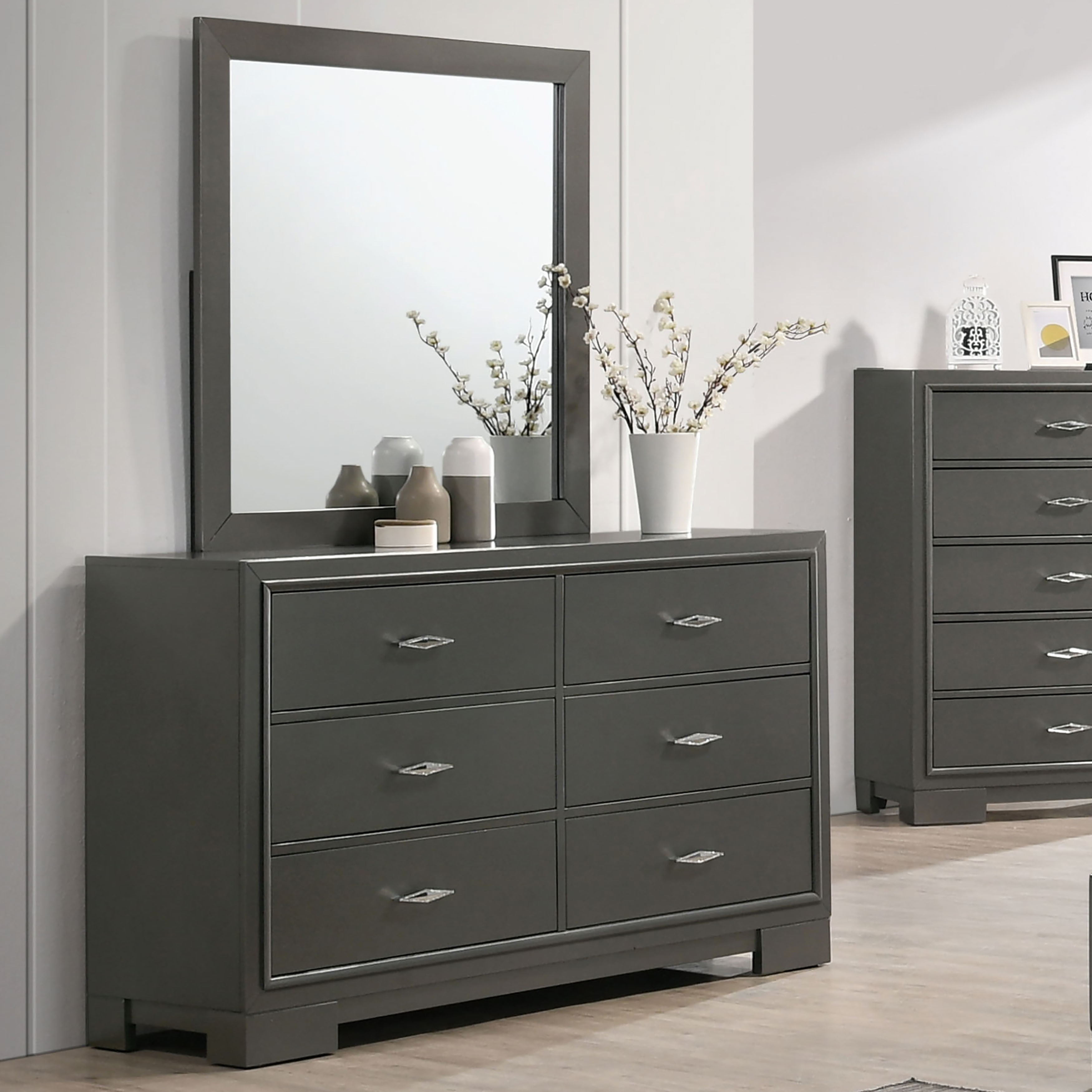 grey dresser amazon Furniture of America Lalt Contemporary Wood 6-Drawer 2-Piece and Mirror Set 20FALL