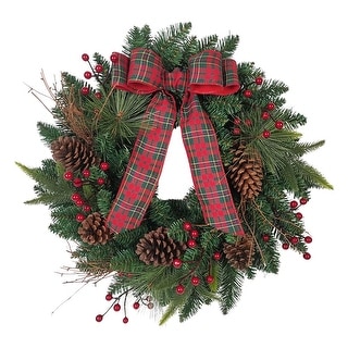 Kurt Adler 24-Inch Decorated Unlit Green Wreath with Bow, Holly Berrys