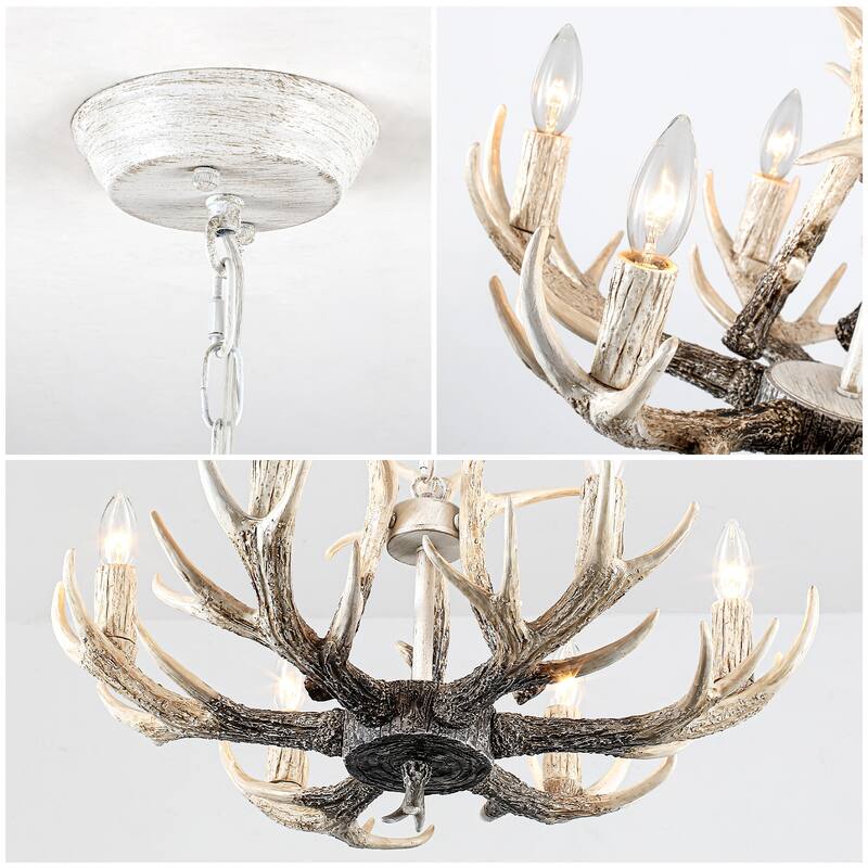6-light farmhouse adjustable height pendant light with decorative resin antlers