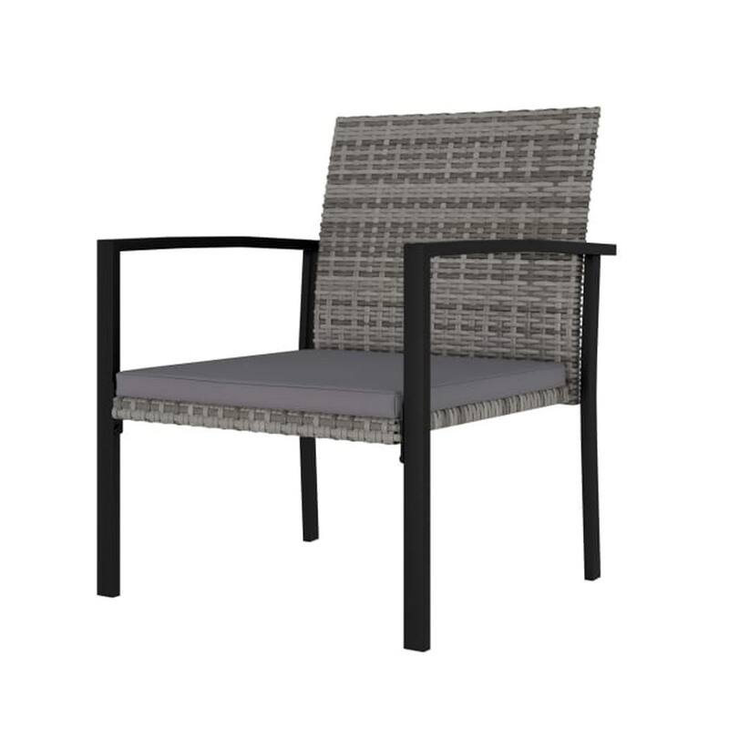Outdoor Dining Side Chair Set of 2, Gray Poly Rattan, Black Steel