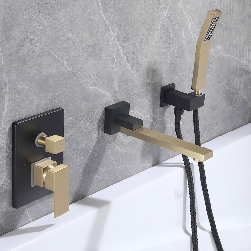 Modland Wall-Mounted Bathtub Filler Set with Hand Shower, 1.8 GPM Solid Brass Faucet, 59" Hose, CEC Certified, 4 Finishes - Black with Gold