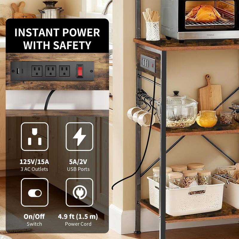Bakers Rack with Power Outlet, Microwave Stand with Storage, Coffee Bar with S-Shaped Hooks, Kitchen Shelf with Wire Basket