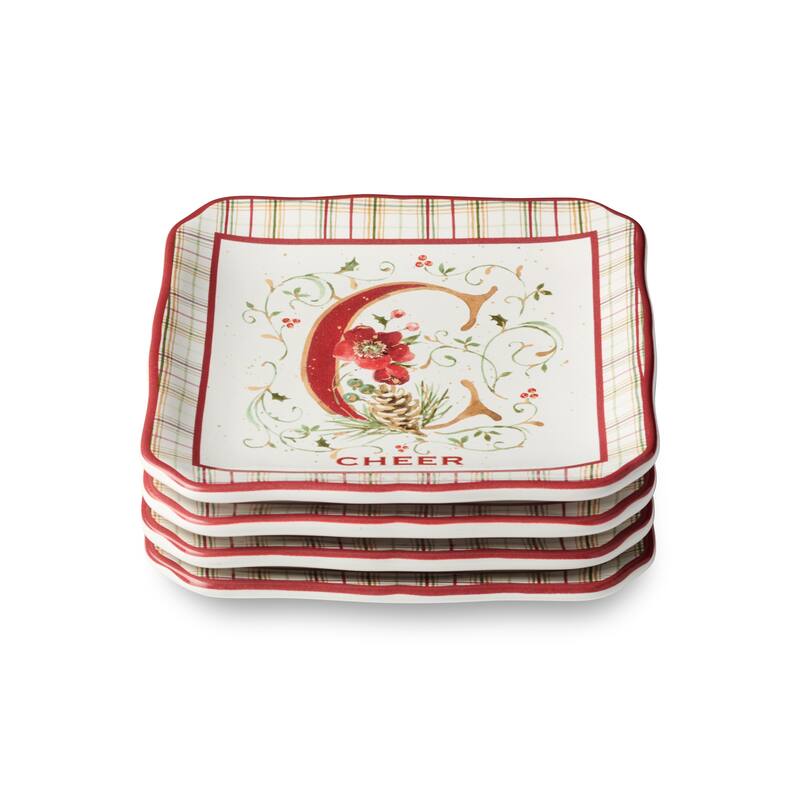 Certifed International Winter Blooms Set of 4 Canape/Appetizer/Dessert Platse 6" Assorted Designs - 6 L x 6 W x 0.75 H